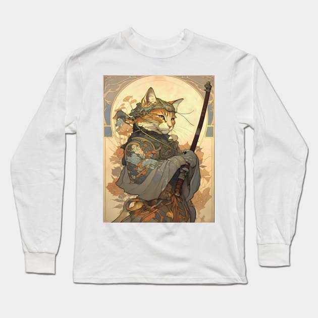 Art Nouveau Traditional Japanese Cat Samurai Knight Long Sleeve T-Shirt by entwithanaxe